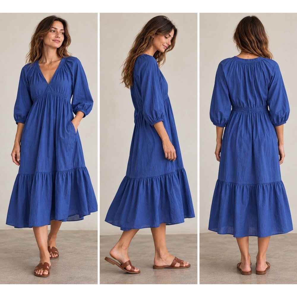 Xirena Vie Dress Womens S Blue 100% Cotton Tiered Empire Waist Midi Pockets USA